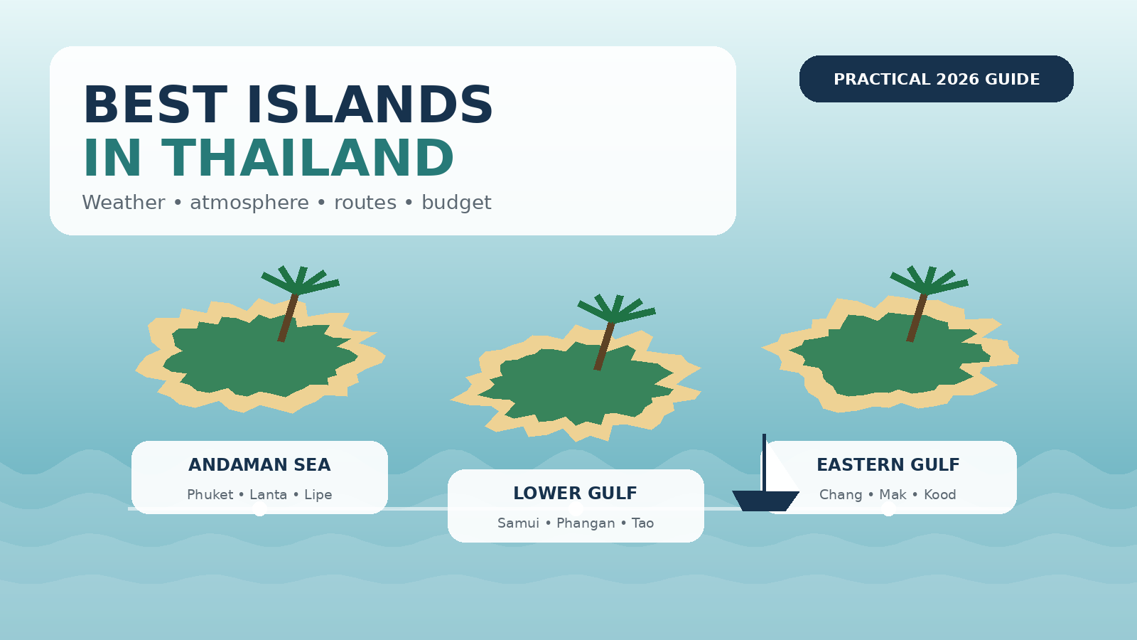 Best islands in Thailand 2026 guide showing the Andaman Sea, Lower Gulf and Eastern Gulf island regions