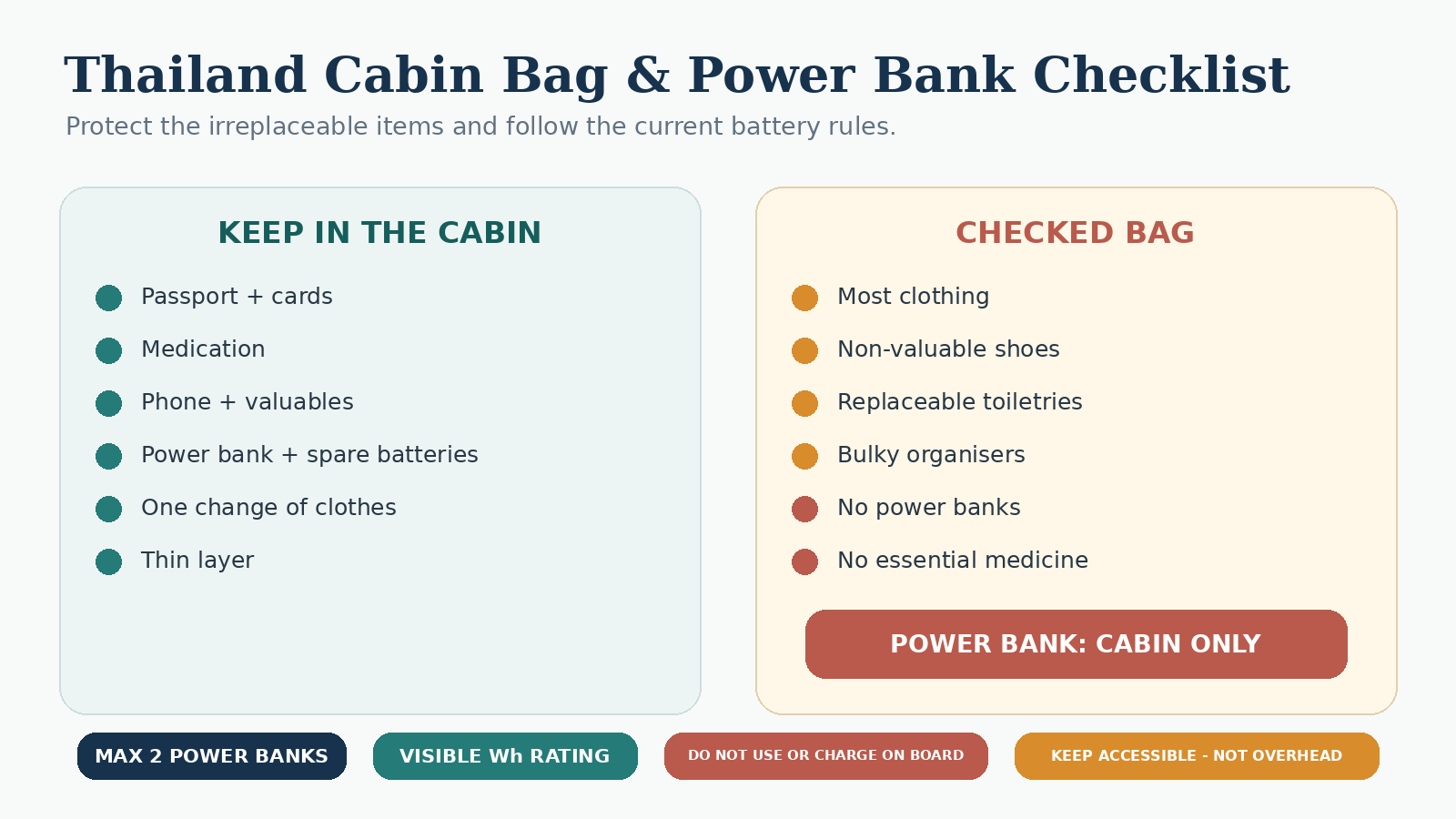 Thailand cabin bag checklist showing documents, medication, electronics and clothing, plus power bank rules for carry-on baggage