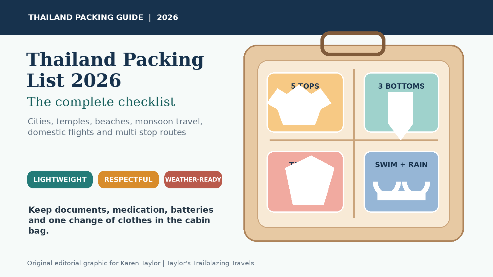 Illustrated Thailand packing list showing an open suitcase with lightweight clothes, temple clothing, swimwear, travel documents, electronics and rain protection