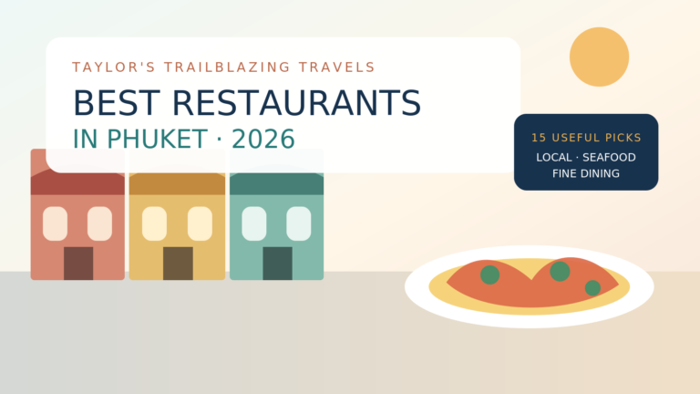 Illustrated Phuket food guide with Old Town shophouses, local dishes and a 2026 restaurant theme.