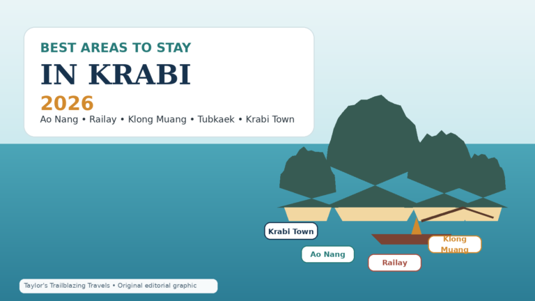 Original illustrated guide to the best areas to stay in Krabi, showing Ao Nang, Railay, Klong Muang, Tubkaek, Krabi Town and Ao Nam Mao.