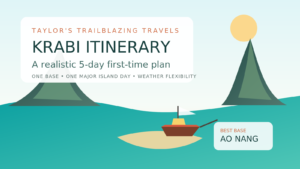 Illustrated Krabi coast with a long-tail boat, limestone cliffs and a five-day itinerary theme.