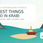 Original illustration of a Krabi long-tail boat, limestone cliffs and the title 20 Best Things to Do in Krabi.